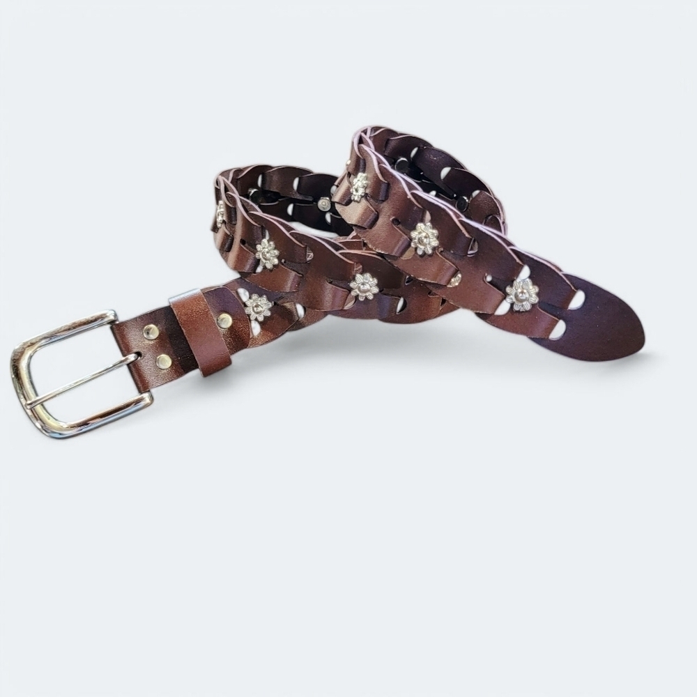 Vintage Donna Katz Brown Bonded Leather Belt Flower Accents Size Medium 90s